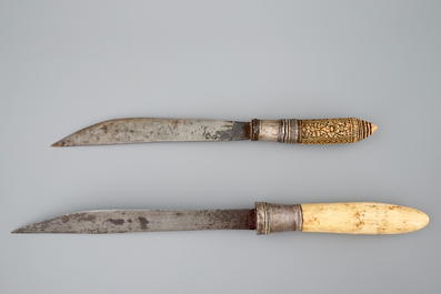 Two Burmese ivory and silver Dha knives, 19/20th C.