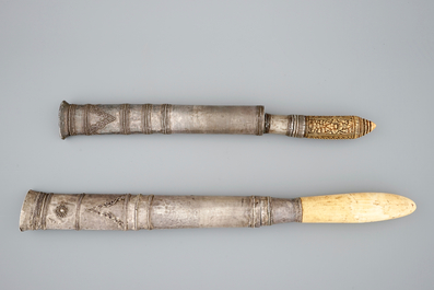 Two Burmese ivory and silver Dha knives, 19/20th C.