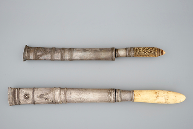 Two Burmese ivory and silver Dha knives, 19/20th C.