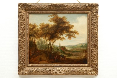 Navolger van Jacques D&rsquo;Arthois, Een landschap met reizigers, olie op paneel, 19e eeuw