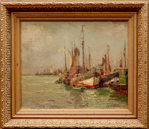 Alfred Van Neste (1874-1969), Bateaux de p&ecirc;che &agrave; la c&ocirc;te, huile sur toile