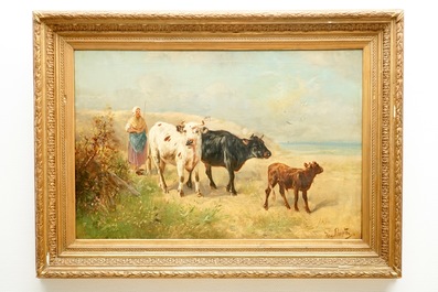 Henry Schouten (1857-1927), Koeienhoedster aan de kust, olie op doek