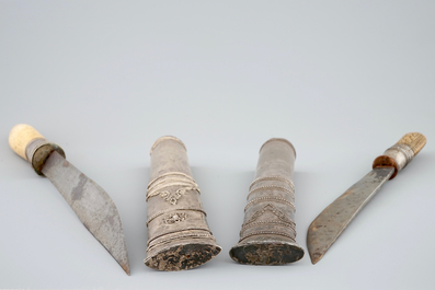 Two Burmese ivory and silver Dha knives, 19/20th C.