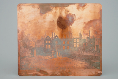 Une plaque de gravure en cuivre, Une vue sur Gand apr&egrave;s l'incendie de 1789, 19&egrave;me