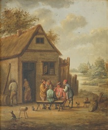 A pair of folk scenes near a tavern, oil on panel, early 19th C.