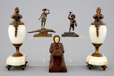3 Val-Saint-Lambert bowls, a pair of marble urns and 3 bronze and wood figures, 19/20th C.