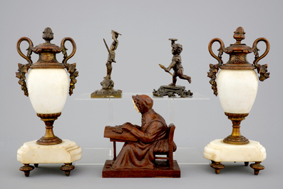3 coupes Val-Saint-Lambert, une paire de cassolettes en marbre et 3 figures en bronze et bois, 19/20&egrave;me