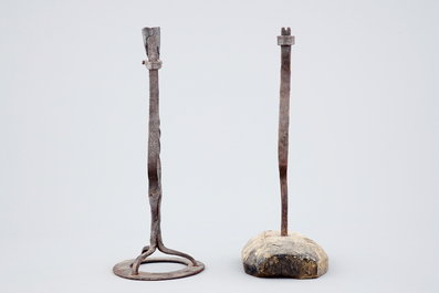 Two wrought iron candlesticks, 17th C.