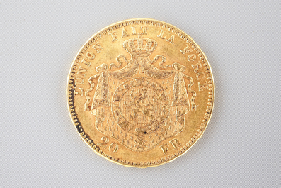 Une pi&egrave;ce de 20 Francs belges en or, L&eacute;opold II, 1871