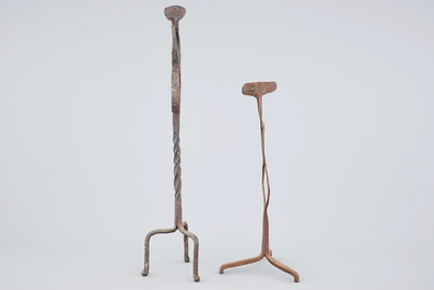 Two large wrought iron candlesticks, 17th C.