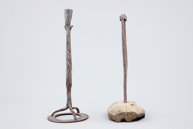 Two wrought iron candlesticks, 17th C.