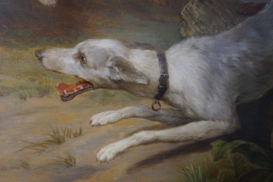 Alexandre Clarys, &quot;Dogs hunting a fox&quot;, oil on canvas of large size