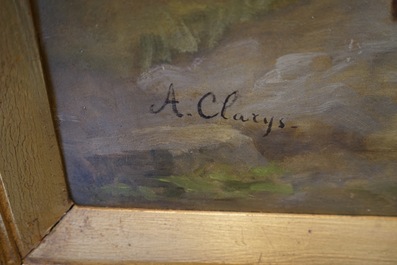 Alexandre Clarys, &quot;Chiens chassant un renard&quot;, huile sur toile de tr&egrave;s grande taille