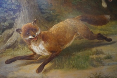 Alexandre Clarys, &quot;Dogs hunting a fox&quot;, oil on canvas of large size