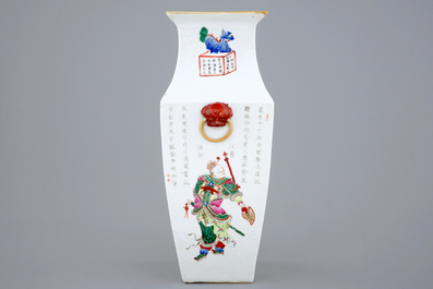 A Chinese tapered square famille rose vase with Wu Shuang Pu design, 19th C.