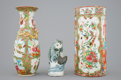 Two Chinese Canton rose medallion vases and a Japanese blue and white Arita model of a fish, 19th C.