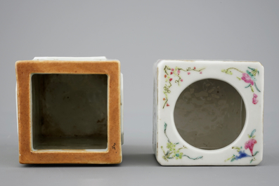 A Chinese square qianjiang cai brush pot and a famille rose brushwasher, 19/20th C.