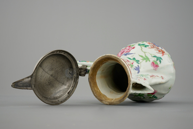 A Chinese famille rose jug with pewter mount, 18th C.
