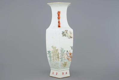 A Chinese hexagonal qianjiang cai vase, 19/20th C.