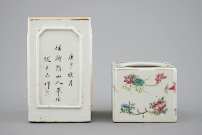 Een Chinese vierkante penseelpot en een famille rose penselenwasser, 19/20e eeuw