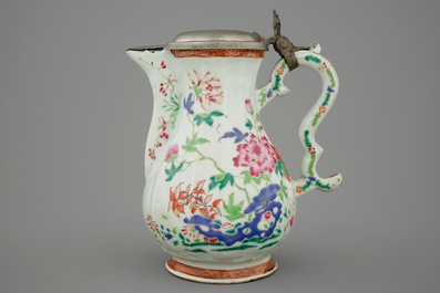 A Chinese famille rose jug with pewter mount, 18th C.