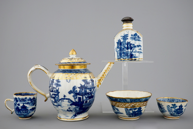A Chinese blue, white and gilt part tea service with landscapes, Qianlong, 18th C.