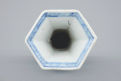 A Chinese blue and white hexagonal vase, Kangxi