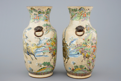 A fine pair of Chinese famille verte crackle glaze vases, Nanking, 19th C.