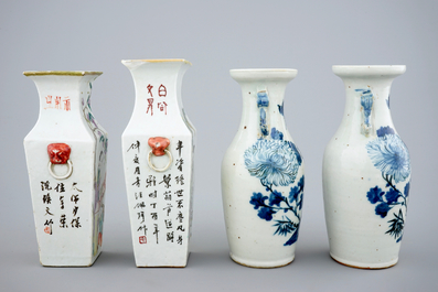 Quatre vases en porcelaine de Chine bleu et blanc et qianjiang cai, 19/20&egrave;me