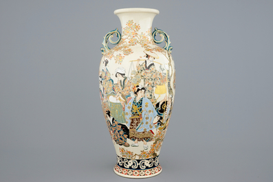 A tall figurative Japanese Satsuma vase, Meiji, 19th C.
