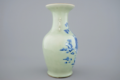 A fine Chinese blue and white on celadon ground porcelain vase, 19th C.