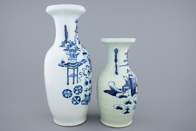Two Chinese blue and white on celadon ground porcelain vases, 19th C.