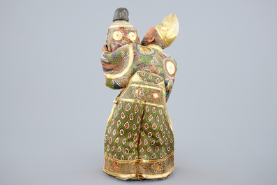 A Japanese enameled brass Ando Jubei box with cover and a large Satsuma figure, 19th C.