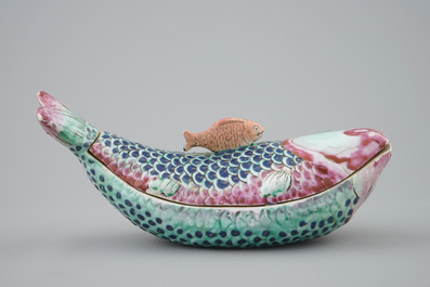 A Chinese famille rose carp-shaped tureen and cover, Qianlong, 18th C.