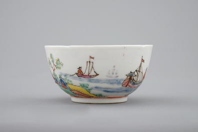 A Dutch-decorated Chinese cup and saucer with a scene of ships at sea, 18th C.