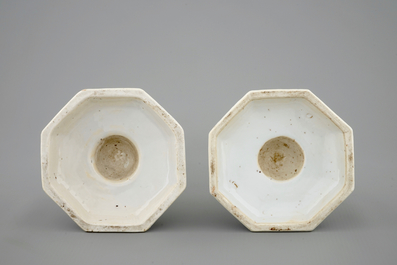 A pair of Chinese blue and white candlesticks, Qianlong, 18th C.