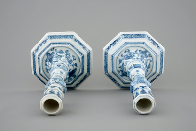 A pair of Chinese blue and white candlesticks, Qianlong, 18th C.