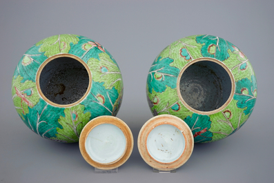 A pair of Chinese &quot;cabbage and insects&quot; ginger jars and covers, 19th C.
