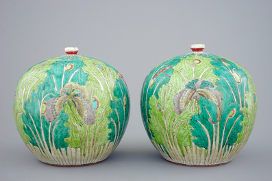 A pair of Chinese &quot;cabbage and insects&quot; ginger jars and covers, 19th C.