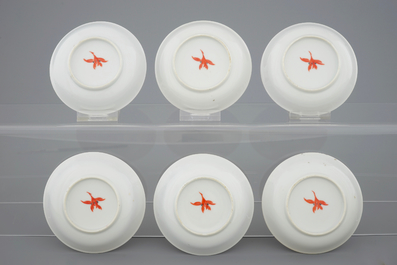 A set of 6 Chinese monochrome red saucer plates, 19/20th C.