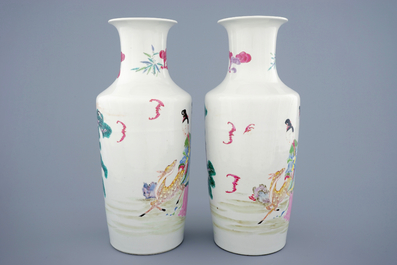 A pair of Chinese famille rose rouleau vases with ladies and a deer, Yongzheng, 1723-1735