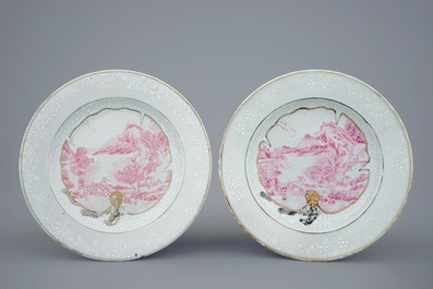 A set of four Chinese pink landscape on bianco sopra bianco border plates, Qianlong, 18th C.
