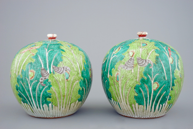 A pair of Chinese &quot;cabbage and insects&quot; ginger jars and covers, 19th C.