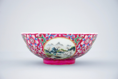 A Chinese ruby ground landscape bowl, 19/20th C.