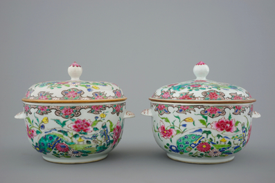 Twee paar Chinese famille rose dekselterrines, Qianlong, 18e eeuw