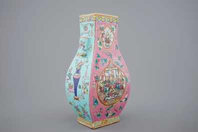A Chinese famille rose fang hu vase, 19th C.
