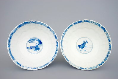 A pair of fine Chinese blue and white lotus-shape moulded bowls, Kangxi