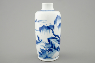 A blue and white Chinese vase with a mountainous landscape, Kangxi
