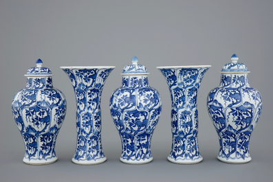A Chinese blue and white five piece garniture, Kangxi