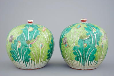 A pair of Chinese &quot;cabbage and insects&quot; ginger jars and covers, 19th C.